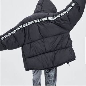 Zara Black Puffer Jacket with White Text